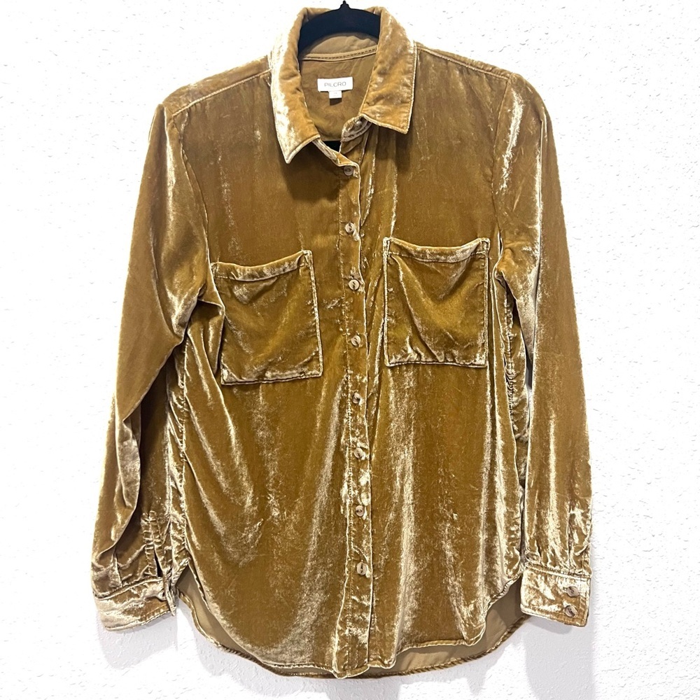 Pilcro Velvet Button-Down Shirt in Rich Gold